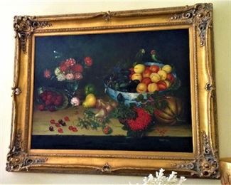 Still Life with Fruit and Flowers. Oil on canvas. Artist is      Robert Elgas     30" x 40"     $650.00