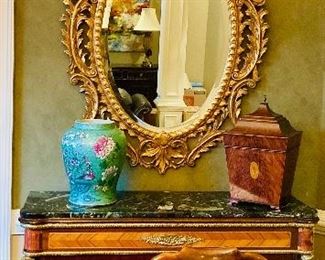 1) Baroque style oval mirror ===> $500                              Dimensions: 38" W x 54" H                                                            
2) Antique English Knife Box ===> $450 each OR PAIR for ONLY $800                                                                                          Dimensions: 11" W X 19" H X 11" D                                       3) Asian Ginger Jar w/Lid ===> $200                                               4) Antique French Napoleon III Cabinets w/green marble top (as-is) ===> $1750 Each OR PAIR for ONLY $3,000                                                                                              Dimensions: 48" W X 15" D X 40.5 " H (damage upper right corner - see other photo)