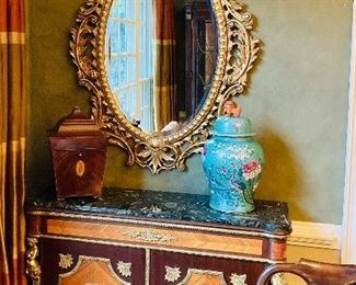 1) Baroque style oval mirror ===> $500                              Dimensions: 38" W x 54" H                                                            
2) Antique English Knife Box ===> $450 each OR PAIR for ONLY $800                                                                                          Dimensions: 11" W X 19" H X 11" D                                       3) Asian Ginger Jar w/Lid ===> $200                                               4) Antique French Napoleon III Cabinets w/green marble top (as-is) ===> $1750 Each OR PAIR for ONLY $3,000                                                                                              Dimensions: 48" W X 15" D X 40.5 " H (damage upper right corner - see other photo)
