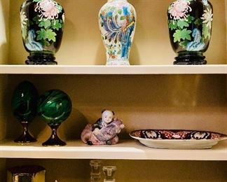 Decor Items:                                                                                            1st Shelf: Pair of Black Cloisonne Vase ===> $175 / OBO White Blue Bird Vase===> $150/OBO                               2nd Shelf:  Faux Malachite egg w/stand===> $75, Faux Malachite round ball w/stand ===> $75 Chinese, Platter ===> $75                                                                                             3rd Shelf: Decor octagon box===> $25, Clock ===> $40, pair of crystal candle holders ===> $30