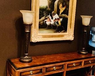 1) Rooster Painting by J. Segal ===> $300                 
Dimensions: 64" W x 46" H                                                        
2) Hickory White Console ===> $600                                                   
Dimensions: 64" W x 32.5" H x 14" D                                 3) Pair of torch table lamps by Fine Art Lighting Co ===> $275 each OR Pair for ONLY $400