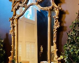 Gilded Beveled Mirror with Cranes ===> $1,500 / OBO    Dimensions:  54"H (center) x 38" W (bottom)