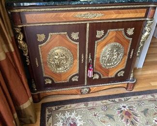 ALT VIEW:  Antique French Napoleon III Cabinets w/green marble top (as-is) ===> $1750 Each OR PAIR for ONLY $3,000                                                                                              Dimensions: 48" W X 15" D X 40.5 " H (damage upper right corner - see other photo)