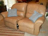 Move-In-Style-Palliser, tan leather sectional sofa seating set.