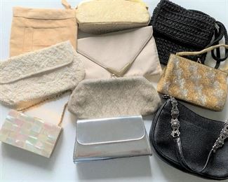 Lot of dress purses including beaded bags and a mother of pearl compact. Note that the back of the compact has become unglued, but can be easily re-attached $45