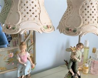 Boy and Girl lamps - shows damage, one finial is unattached to the porcelain shade - $25
