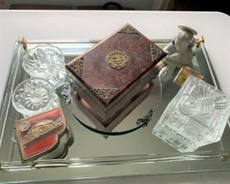 Mirrored trays and other vanity items, including Waterford box. Note - musical boxes do not work $15