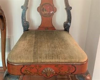 Chinoiserie chair - note paint stains to backrest. Measures 38 1/2" high by 18 1/4" wide by 22 1/4" front to back. $75