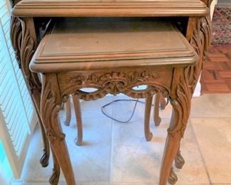 Carved wood nesting tables, glass tops, normal wear $125