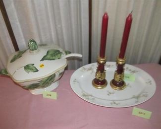 207  Haviland platter Was $10; Now $5;   208 Tureen Was $20, NOW $10;     209 Pair Candlesticks (china) $5