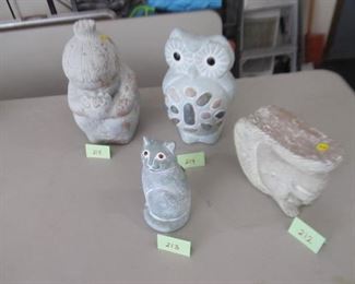 212  Concrete squirrel $10;  213 Isabell Bloom cat $25;   214 Isabel Bloom owl $40;  215 Concrete girl $20