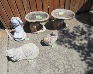 All concrete:  225  Cat $15;  226  Girl (as is top) $5;  227 cat holding pond $25;  228 cat holding pond $25;   229  Manatee $10
