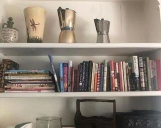 Misc. vases, decor, books, games, napkin rings, candle holders, antique espresso pots