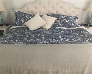 King size headboard, side rails and foot rail, bedding for sale, as well. 