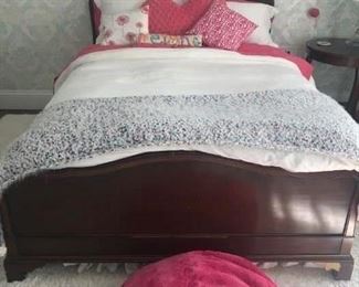 Full-size bed with headboard, side rails, footboard, bedding for sale as well.  Matching Dresser and side table. 