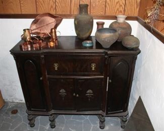 Antique writing cabinet, copper, pottery