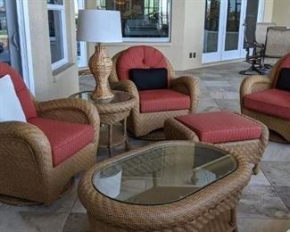 2002 Outdoor patio furniture: there are 4 Swivel Chairs, 2 End Table with glass tops, Coffee table with glass top, and Couch, plus the lamp , You can buy it all or it can be pieced out . Start Price for all pieces are $1195.
