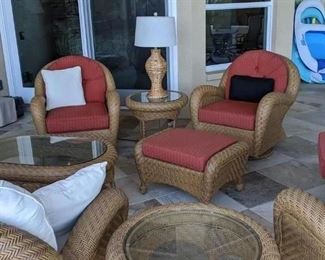 2002 Outdoor patio furniture: there are 4 Swivel Chairs, 2 End Table with glass tops, Coffee table with glass top, and Couch, plus the lamp , You can buy it all or it can be pieced out . Start Price for all pieces are $1195.