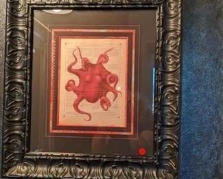 Red octopus print in black deco frame $40