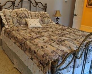 Vintage like metal bed Queen Frame and mattress, bedding $250