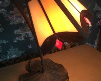Vintage, Art Deco, Flower Shape with Lily-Pad Base, Stained Glass, Table Lamp--Dig the Red Diamonds! 