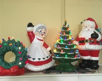 LARGE Ceramic Santa, Mrs. Claus, Lighted Tree & Wreath--RARE Beauties!