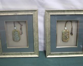 $100 pair. Two matching framed shadow boxes with decorative jade pieces. 