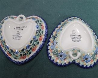 $20 pair. Two Polish pottery heart dishes. 