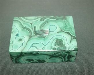 $35. Malachite trinket box, small chip on underside of lid. 4.5x3x1.5 inches. 
