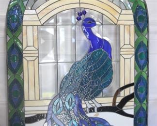 $200. Stained glass peacock window hanging. 36x24.