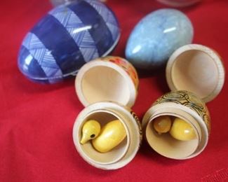 $15. Rabbit and egg collection, Stone, wood  and china.
