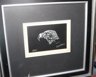 50% OFF, now $20.                                                                          
$40. Signed Carol Joyce eagle head framed art. 15x15 silver frame.