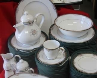 $225. Noritake "Ontario", 69 piece dinner set , service for 12. Extra pieces include, meat platter, vegetable bowl, tea pot, butter plate, cream and sugar, 