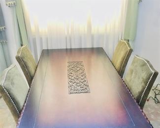 Carved Dining Room Table w/4 Green Chairs
