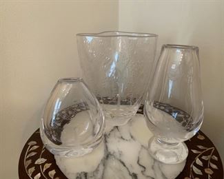 $80.00 for all.....Kosta Boda Lot of 3: Vase with Etched  Cat and Fishnet, 4 1/2" tall, Vase with Tree 7" and Vase with Rose 6 1/2" tall.  All in excellent condition.