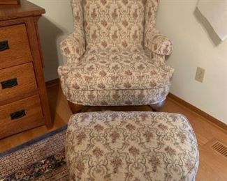 REDUCED!  $112.50 now, was $150.00.....Wingback Chair and Ottoman, very good condition and high quality furniture.  