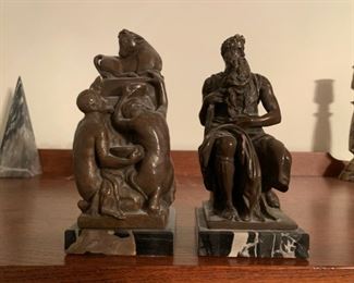 CLEARANCE!     $75.00  Pair of AMR Alva Museum Replicas, Michelangelo's Moses and Altar Statue, marble bases... very impressive in person.  Composite resin to look like bronze, very heavy and solid.  ~8in tall.