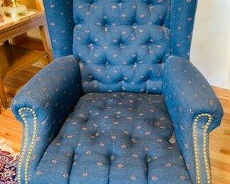 CLEARANCE !  $40.00 now, was $150.00....Navy Wingback Chair with Copper/Brass Studs.  Good Condition, solid furniture, slight wear and One tuft button missing.  42 1/2" Tall.