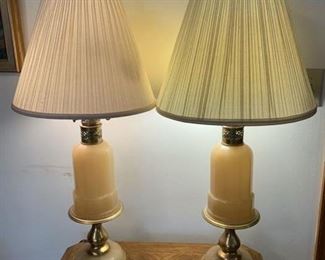 HALF OFF!  $150.00 now, was $300.00.....Pair of Vintage Warren Kessler NY Butterscotch Art Glass Opaline Table Lamps.  Original Finials,   36" tall, very good condition no chips or cracks.  