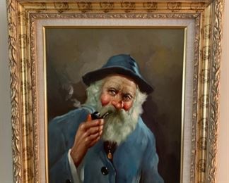 REDUCED!  $350.00 now, was $600.00.....Alberto Cecconi Portrait Oil Painting, Old Man and Cigar.  27 1/2" x 24" framed.  Beautiful Vibrant Colors and Details.  
