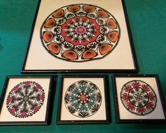 HALF OFF! $25.00 now, was $50.00......Polish Folk Art Hand Cutouts. Set of 4, 1 Large and 3 Small.... all framed with black thin frame...