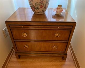 CLEARANCE ! $250.00 now, was $800.00.......Vintage Drexel Heritage Hollywood Regency Burlwood & Brass Nightstand, black laminated pull out shelf. 0ne available
