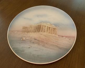13" Hand Painted Greek Parthenon Plate, Signed M. Peters.  