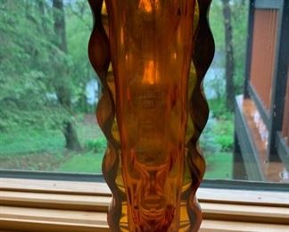 CLEARANCE !    $40.00 now, was $120.00.......EXBOR Czech Optic Vase Amber 10 1/8" tall.  