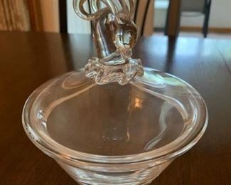 CLEARANCE !  $40.00 now, was $120.00.......Steuben Covered Candy Dish designed by Irene Benton.  Ram's Head signed Steuben.  No chips or cracks.  