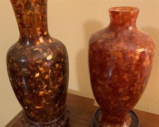 $25.00.....Pair Confetti Looking Amber Vases 8 1/2" and 8" tall with stands.  One with small chip sold as is 