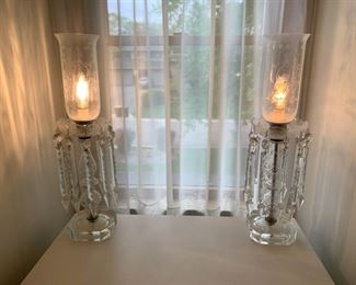 HALF OFF!  $75.00 now, was $150.00.....Gorgeous Pair Antique Cut Crystal Boudoir Parlor Lamps with extra long prisms.  23" tall, 9 1/2" long prisms.