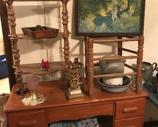 Nice Maple vanity with mirror. Beautiful framed vintage calendar print. Curio Shelves, Enamelware etc.