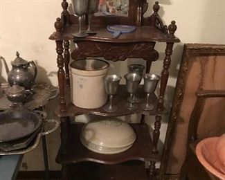 This s a beautiful curio shelf with lovely spindles and fret work.  Pewter Collection, Crock and light covers etc,