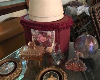 Nice small trinket glass box, framed pictures, basket, hat box etc.